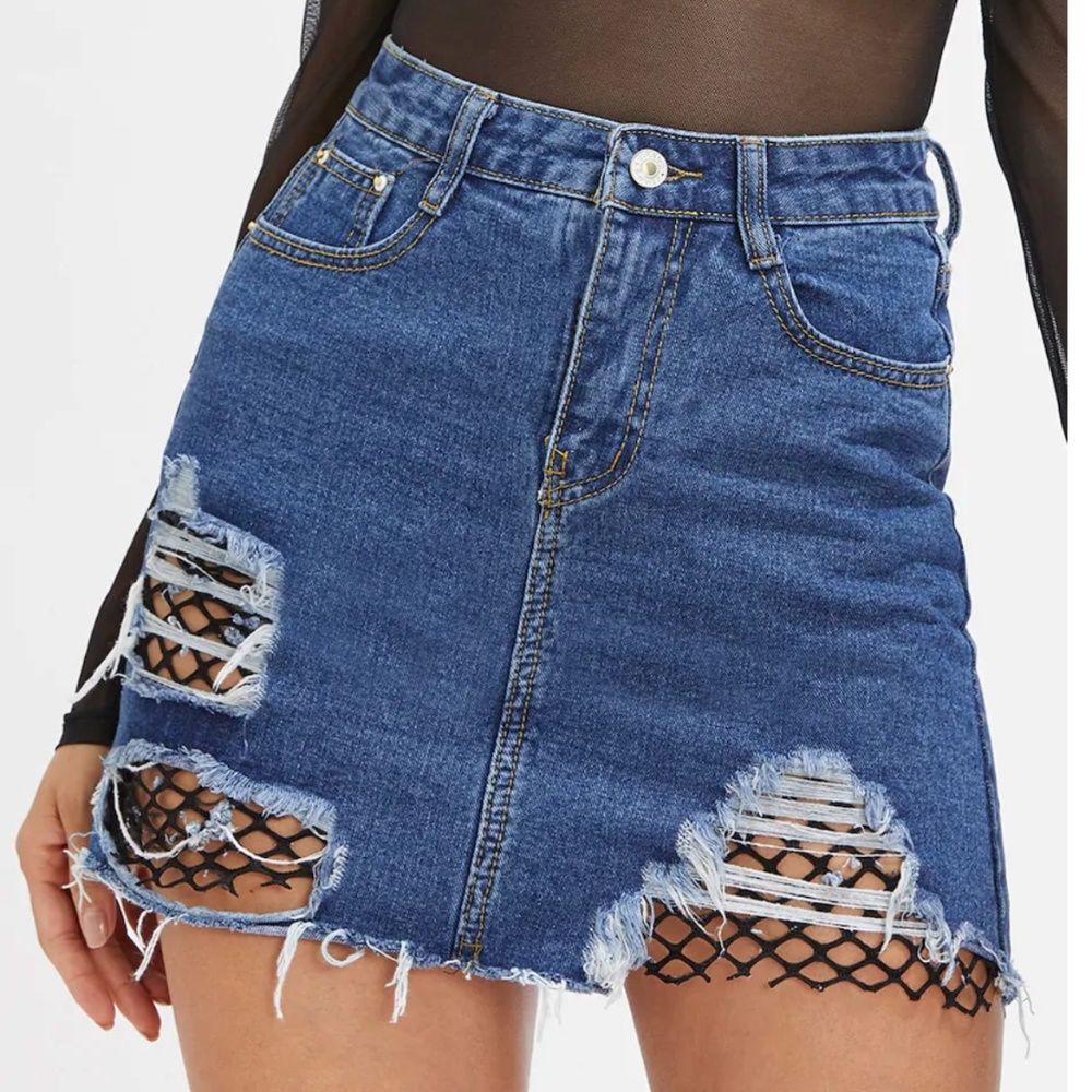 Ripped Fishnet Denim Skirt | Small | High Waisted